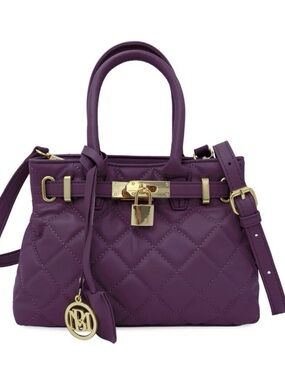 Badgley Mischka Quilted Purple Satchel with Gold Hardware